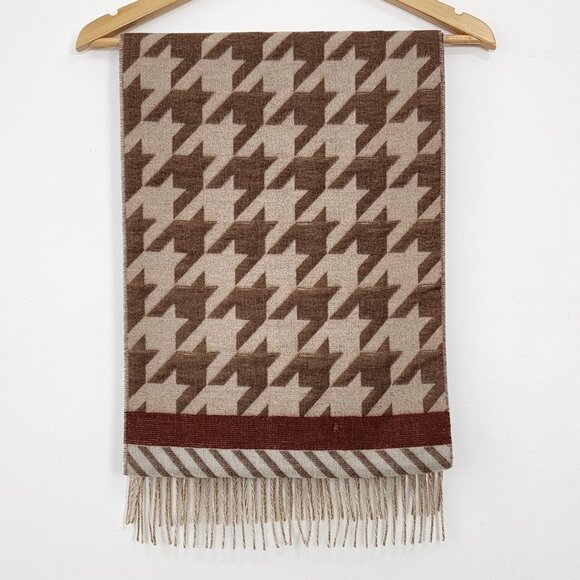 Reversible Houndstooth Stripe Pattern Beige Scarf Fringe Fall Fashion Cozy Soft - Picture 7 of 14